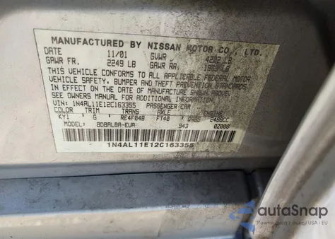 2002 Nissan Altima 2.5 Sl from USA, damaged, VIN 1N4AL11E12C163355